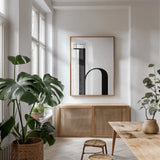 Hooray for H on White by Mercedes Lopez Charro. shown as a print in a natural wood frame in a dining room. Available as a archival giclee rolled canvas, fine art paper, or poster print. SKU 64149h.