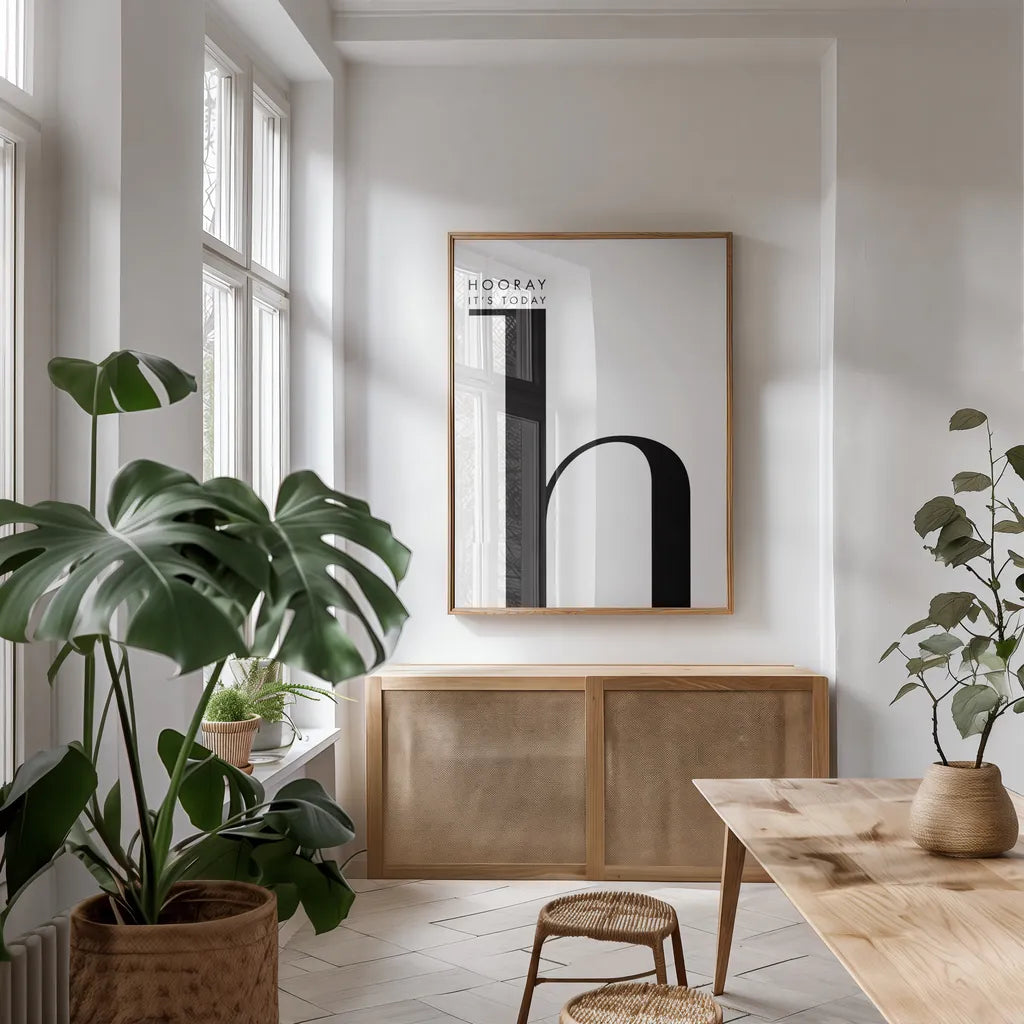 Hooray for H on White by Mercedes Lopez Charro. shown as a print in a natural wood frame in a dining room. Available as a archival giclee rolled canvas, fine art paper, or poster print. SKU 64149h.