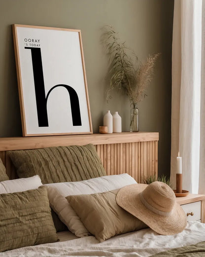 Hooray for H on White by Mercedes Lopez Charro. shown as a paper print in a natural frame. Available as a archival giclee rolled canvas, fine art paper, or poster print. SKU 64149h.