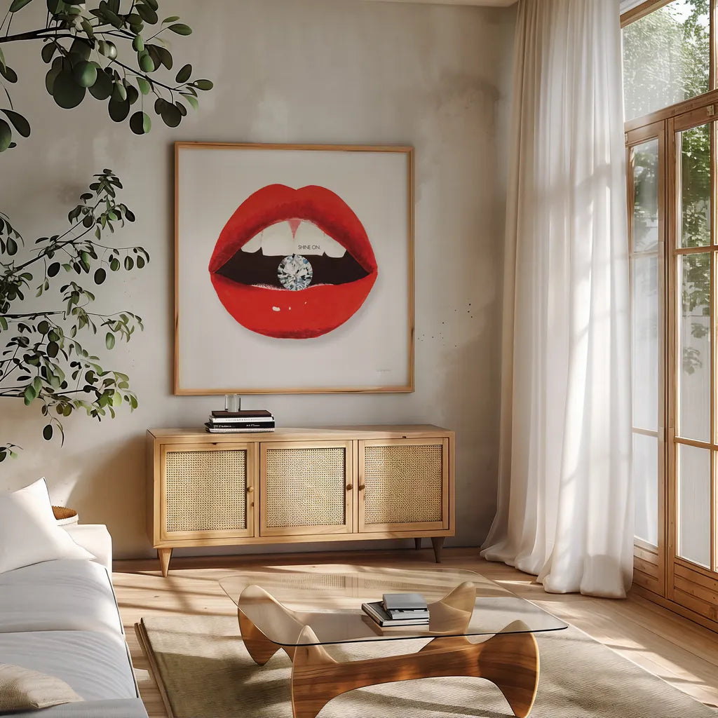 Hot Lips II by Mercedes Lopez Charro. Shown in a natural wood frame in a cozy modern living room. Available as an archival giclee rolled canvas, fine art paper, or poster print. SKU 65695a.