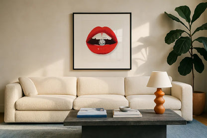 Hot Lips II by Mercedes Lopez Charro. Displayed in a glass frame with matte in a clean modern living room. Available as an archival giclee rolled canvas, fine art paper, or poster print. SKU 65695a.
