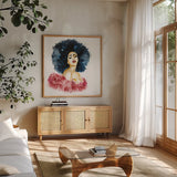 In the Moment by Mercedes Lopez Charro. Shown in a natural wood frame in a cozy modern living room. Available as an archival giclee rolled canvas, fine art paper, or poster print. SKU 70522a.