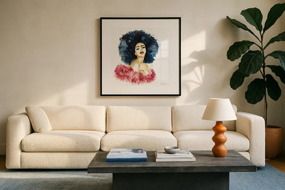In the Moment by Mercedes Lopez Charro. Displayed in a glass frame with matte in a clean modern living room. Available as an archival giclee rolled canvas, fine art paper, or poster print. SKU 70522a.