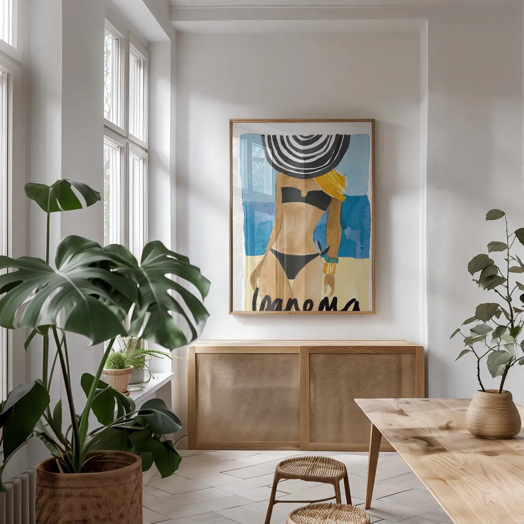 Ipanema Girl by Mercedes Lopez Charro. shown as a print in a natural wood frame in a dining room. Available as a archival giclee rolled canvas, fine art paper, or poster print. SKU 79997h.
