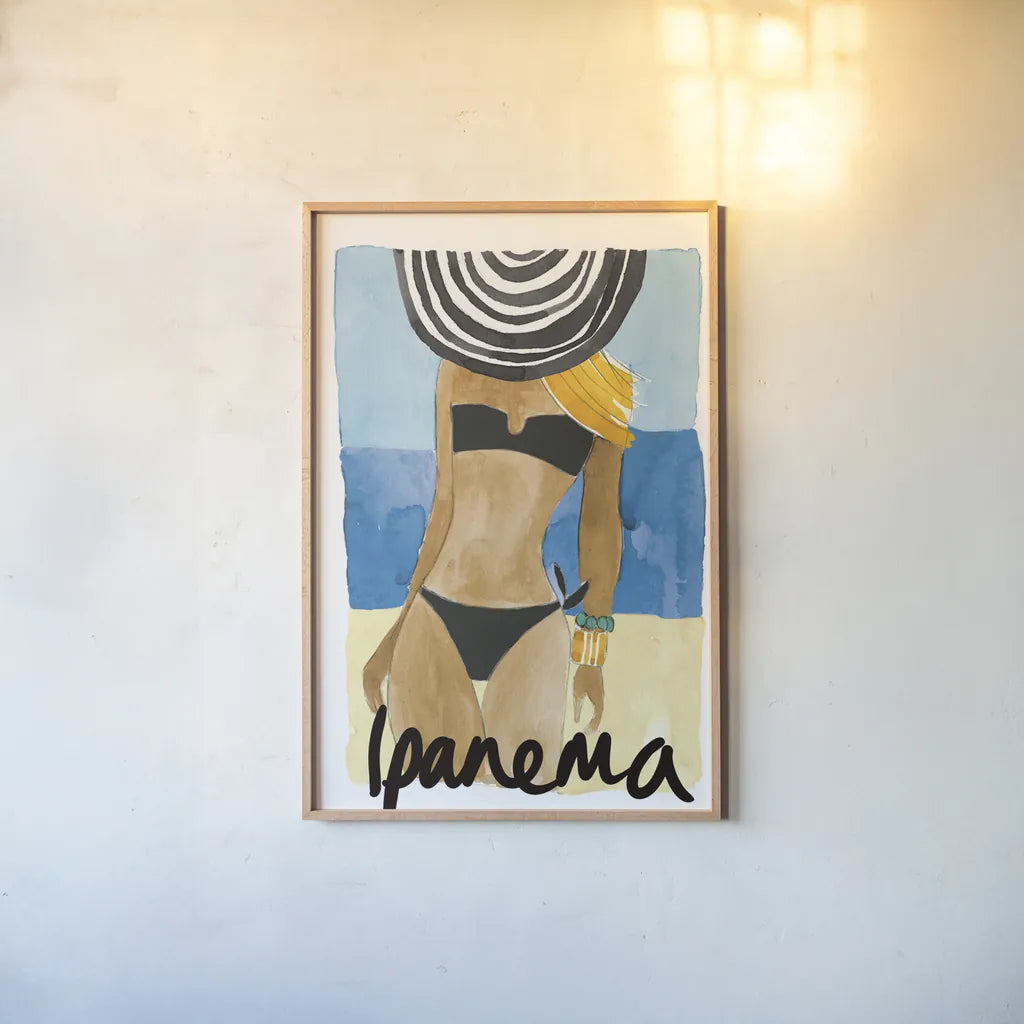 Ipanema Girl by Mercedes Lopez Charro. shown as a paper print in a natural frame. Available as a archival giclee rolled canvas, fine art paper, or poster print. SKU 79997h.