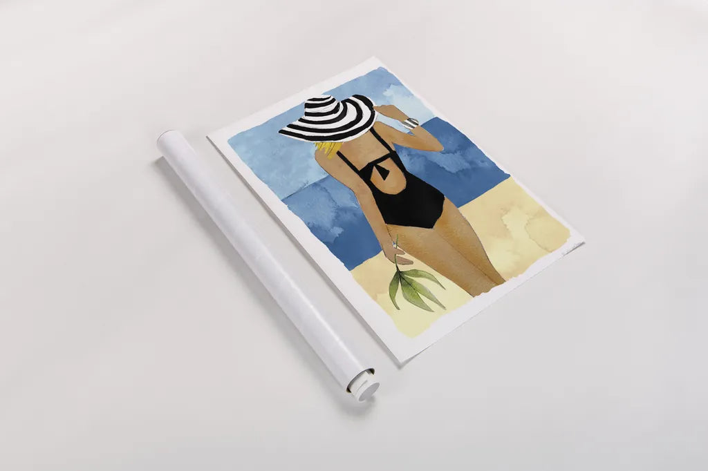 Ipanema Girl One Piece by Mercedes Lopez Charro. shown as a rolled paper print. Available as archival giclee rolled canvas, fine art paper, or poster print. SKU 98158h.