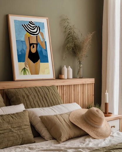 Ipanema Girl One Piece by Mercedes Lopez Charro. shown as a paper print in a natural frame. Available as a archival giclee rolled canvas, fine art paper, or poster print. SKU 98158h.