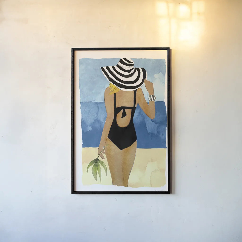 Ipanema Girl One Piece by Mercedes Lopez Charro. shown as a paper print in a black flame. Available as a archival giclee rolled canvas, fine art paper, or poster print. SKU 98158h.