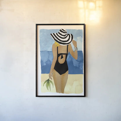Ipanema Girl One Piece by Mercedes Lopez Charro. shown as a paper print in a black flame. Available as a archival giclee rolled canvas, fine art paper, or poster print. SKU 98158h.