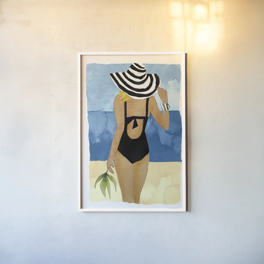 Ipanema Girl One Piece by Mercedes Lopez Charro. shown as a paper print in a white frame. Available as a archival giclee rolled canvas, fine art paper, or poster print. SKU 98158h.