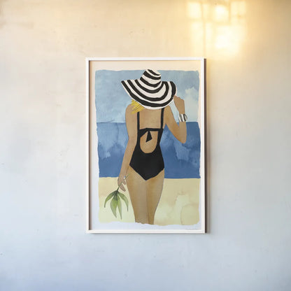 Ipanema Girl One Piece by Mercedes Lopez Charro. shown as a paper print in a white frame. Available as a archival giclee rolled canvas, fine art paper, or poster print. SKU 98158h.