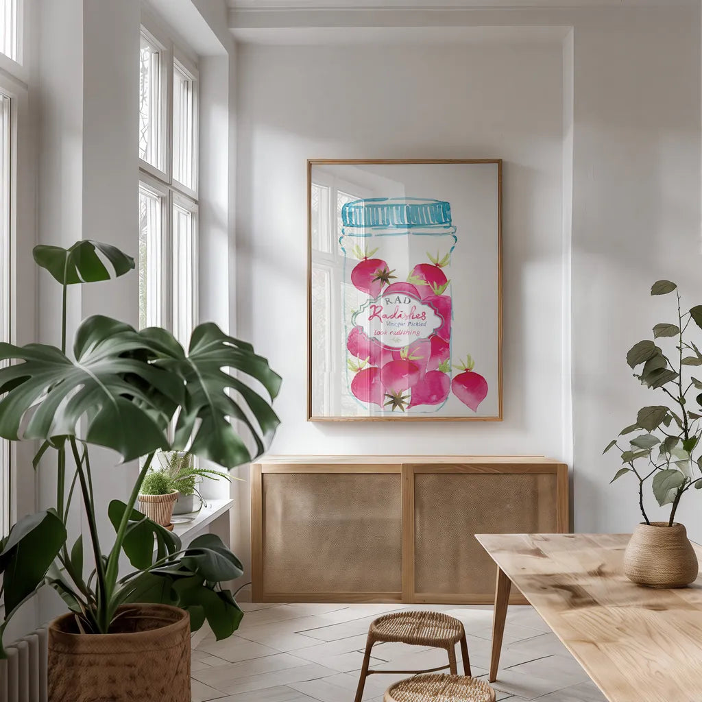 Jarred Delight III by Mercedes Lopez Charro. shown as a print in a natural wood frame in a dining room. Available as a archival giclee rolled canvas, fine art paper, or poster print. SKU 85504h.