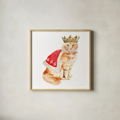 King Kitty by Mercedes Lopez Charro. Shown in a natural wood glass frame for a timeless modern aesthetic. Available as an archival giclee rolled canvas, fine art paper, or poster print. SKU 86872a.