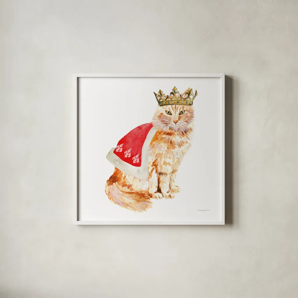 King Kitty by Mercedes Lopez Charro. Shown in a crisp white glass frame for a clean and minimalist style. Available as an archival giclee rolled canvas, fine art paper, or poster print. SKU 86872a.