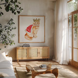 King Kitty by Mercedes Lopez Charro. Shown in a natural wood frame in a cozy modern living room. Available as an archival giclee rolled canvas, fine art paper, or poster print. SKU 86872a.