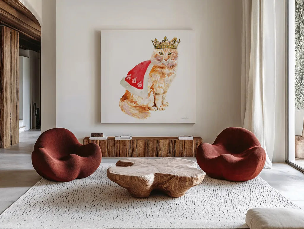 King Kitty by Mercedes Lopez Charro. Shown as extra-large giant wall art in a modern living room. Available as an archival giclee rolled canvas, fine art paper, or poster print. SKU 86872a.