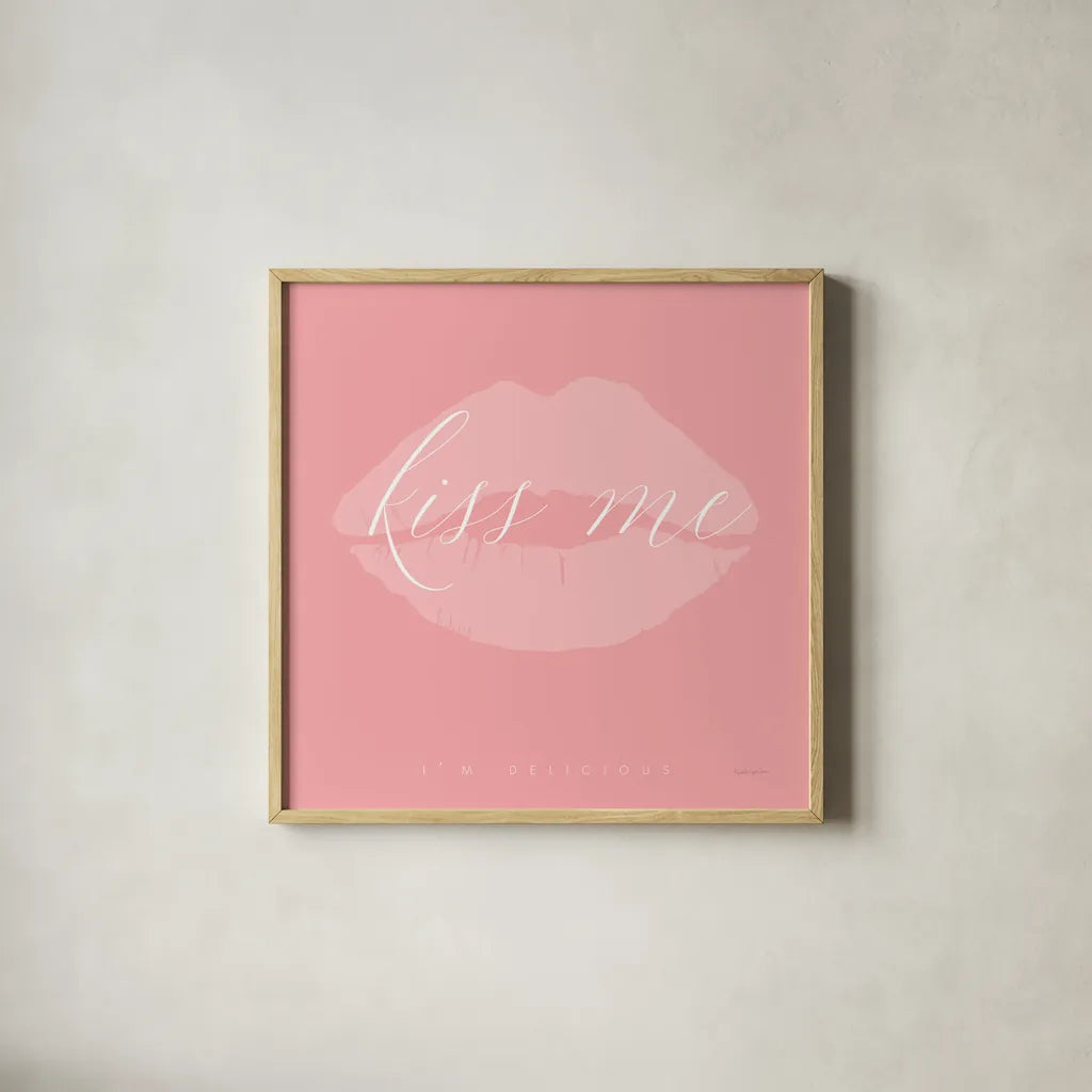 Kiss Me by Mercedes Lopez Charro. Shown in a natural wood glass frame for a timeless modern aesthetic. Available as an archival giclee rolled canvas, fine art paper, or poster print. SKU 68299a.