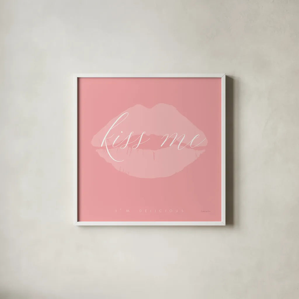 Kiss Me by Mercedes Lopez Charro. Shown in a crisp white glass frame for a clean and minimalist style. Available as an archival giclee rolled canvas, fine art paper, or poster print. SKU 68299a.