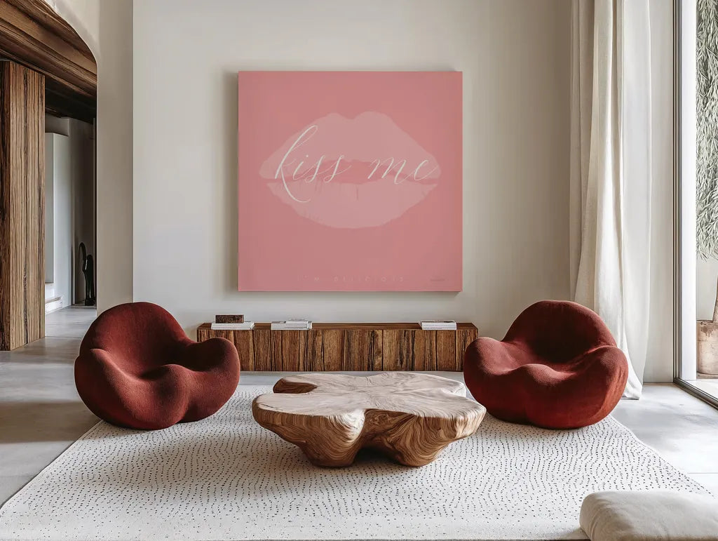 Kiss Me by Mercedes Lopez Charro. Shown as extra-large giant wall art in a modern living room. Available as an archival giclee rolled canvas, fine art paper, or poster print. SKU 68299a.