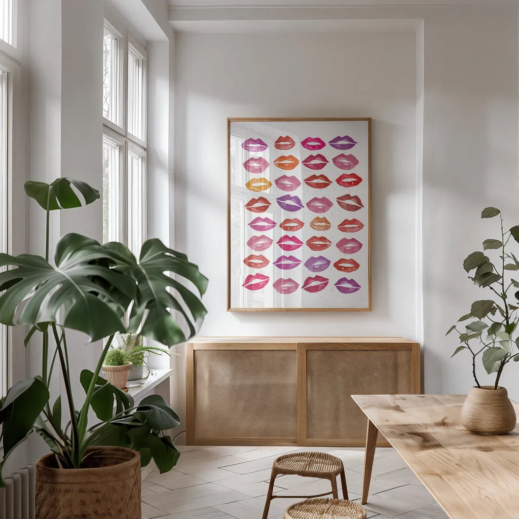 Kiss Me Quick by Mercedes Lopez Charro. shown as a print in a natural wood frame in a dining room. Available as a archival giclee rolled canvas, fine art paper, or poster print. SKU 77129h.