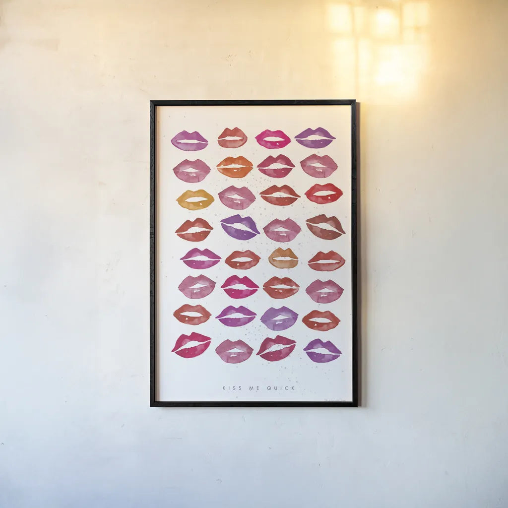 Kiss Me Quick by Mercedes Lopez Charro. shown as a paper print in a black flame. Available as a archival giclee rolled canvas, fine art paper, or poster print. SKU 77129h.