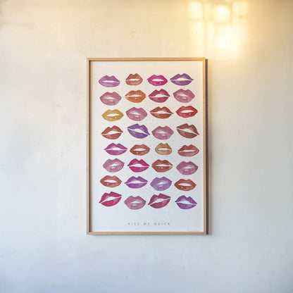 Kiss Me Quick by Mercedes Lopez Charro. shown as a paper print in a natural frame. Available as a archival giclee rolled canvas, fine art paper, or poster print. SKU 77129h.