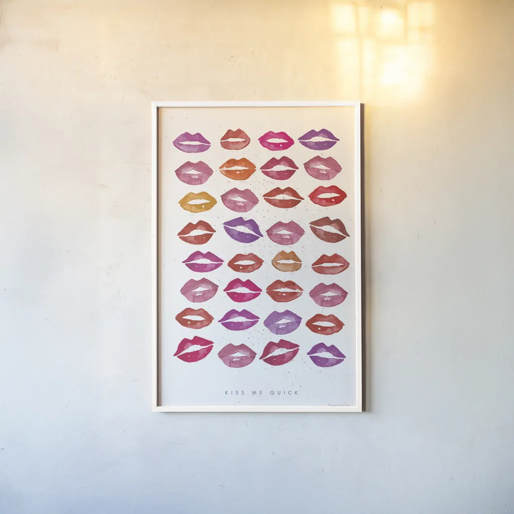 Kiss Me Quick by Mercedes Lopez Charro. shown as a paper print in a white frame. Available as a archival giclee rolled canvas, fine art paper, or poster print. SKU 77129h.