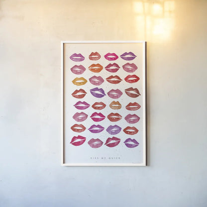 Kiss Me Quick by Mercedes Lopez Charro. shown as a paper print in a white frame. Available as a archival giclee rolled canvas, fine art paper, or poster print. SKU 77129h.