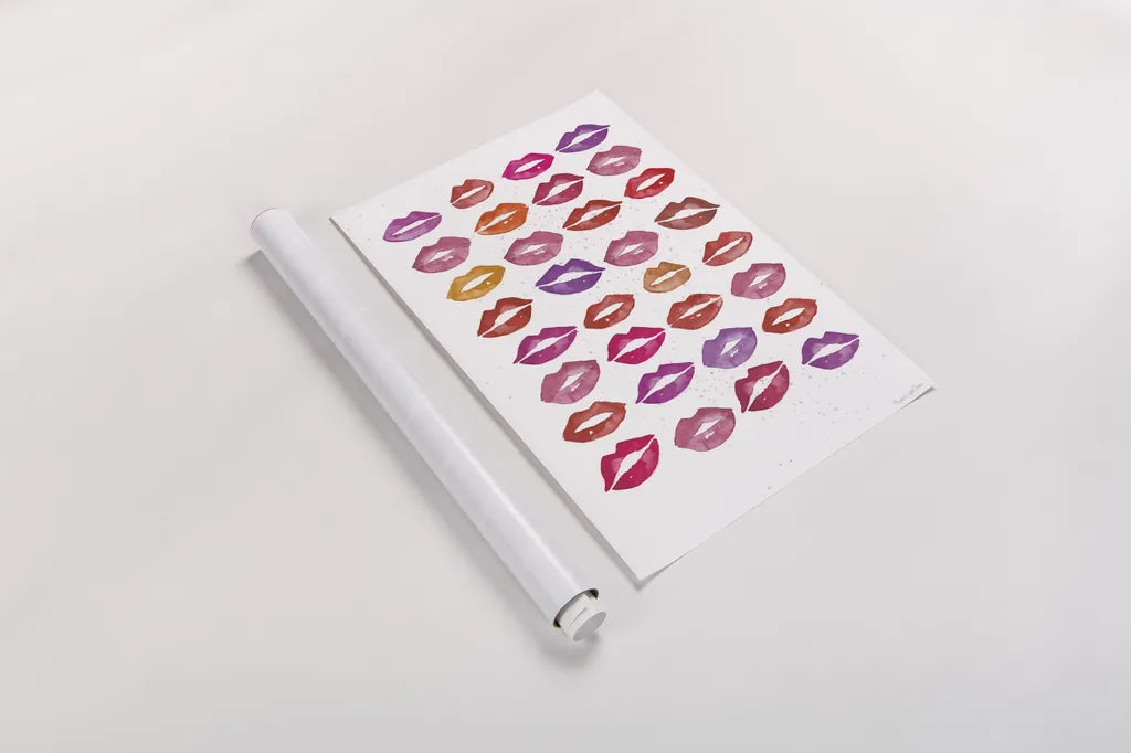 Kiss Me Quick No Words by Mercedes Lopez Charro. shown as a rolled paper print. Available as archival giclee rolled canvas, fine art paper, or poster print. SKU 77424h.