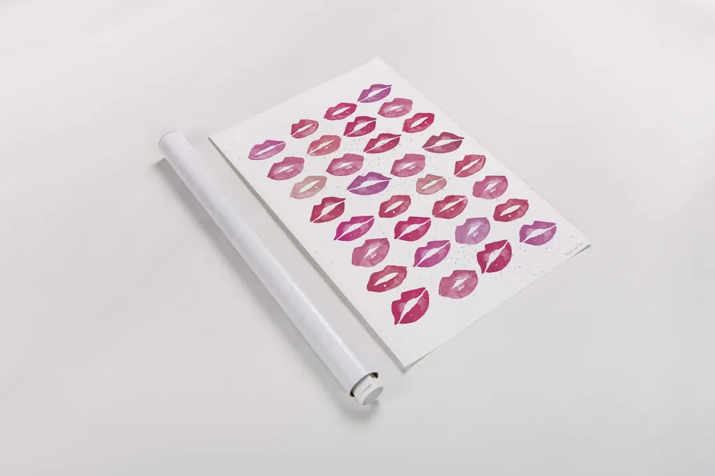 Kiss Me Quick No Words Pink by Mercedes Lopez Charro. shown as a rolled paper print. Available as archival giclee rolled canvas, fine art paper, or poster print. SKU 82824h.