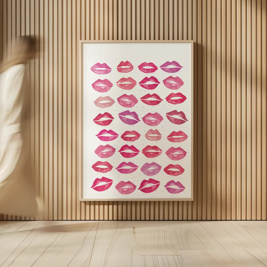 Kiss Me Quick No Words Pink by Mercedes Lopez Charro. shown as over sized large wall art. Available as an archival giclee rolled canvas, fine art paper, or poster print. SKU 82824h.