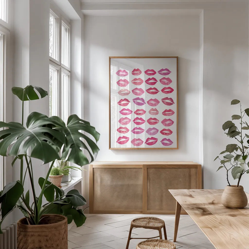 Kiss Me Quick No Words Pink by Mercedes Lopez Charro. shown as a print in a natural wood frame in a dining room. Available as a archival giclee rolled canvas, fine art paper, or poster print. SKU 82824h.
