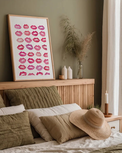 Kiss Me Quick No Words Pink by Mercedes Lopez Charro. shown as a paper print in a natural frame. Available as a archival giclee rolled canvas, fine art paper, or poster print. SKU 82824h.