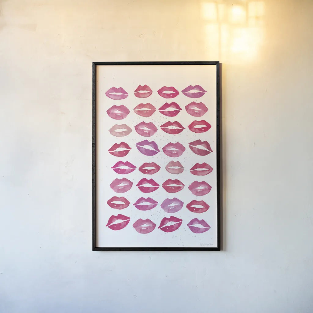 Kiss Me Quick No Words Pink by Mercedes Lopez Charro. shown as a paper print in a black flame. Available as a archival giclee rolled canvas, fine art paper, or poster print. SKU 82824h.