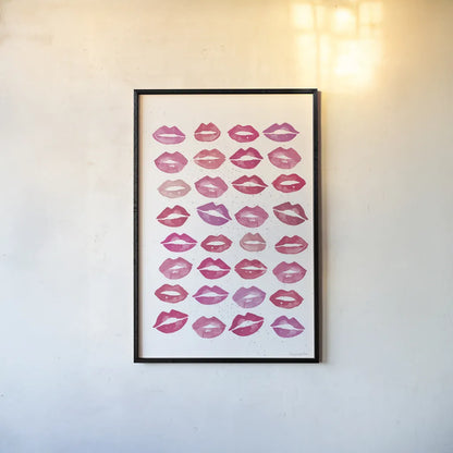 Kiss Me Quick No Words Pink by Mercedes Lopez Charro. shown as a paper print in a black flame. Available as a archival giclee rolled canvas, fine art paper, or poster print. SKU 82824h.