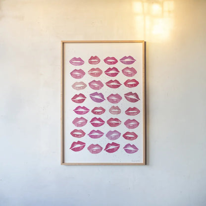 Kiss Me Quick No Words Pink by Mercedes Lopez Charro. shown as a paper print in a natural frame. Available as a archival giclee rolled canvas, fine art paper, or poster print. SKU 82824h.