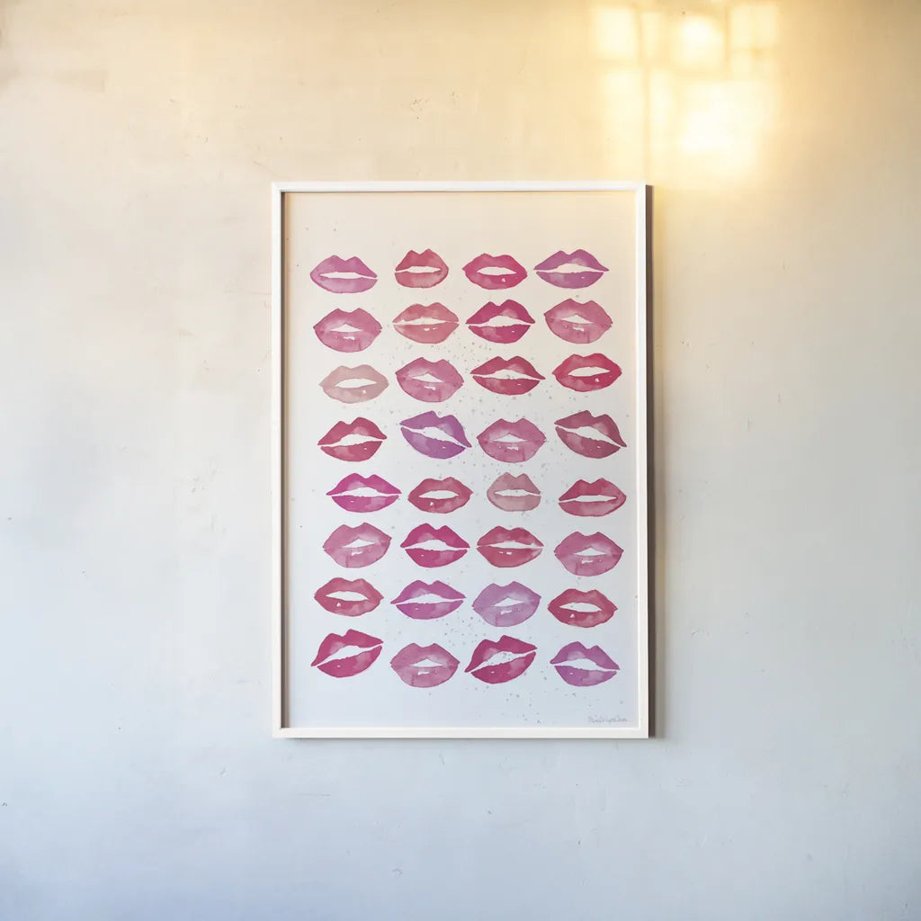 Kiss Me Quick No Words Pink by Mercedes Lopez Charro. shown as a paper print in a white frame. Available as a archival giclee rolled canvas, fine art paper, or poster print. SKU 82824h.
