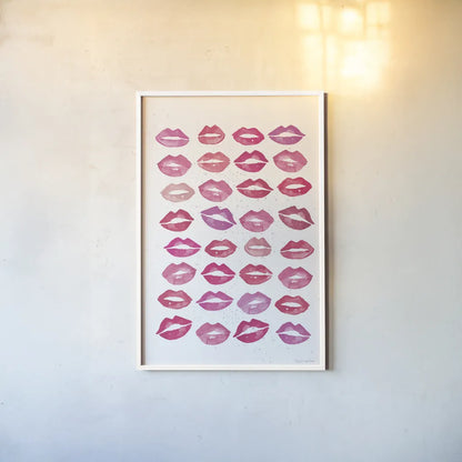 Kiss Me Quick No Words Pink by Mercedes Lopez Charro. shown as a paper print in a white frame. Available as a archival giclee rolled canvas, fine art paper, or poster print. SKU 82824h.