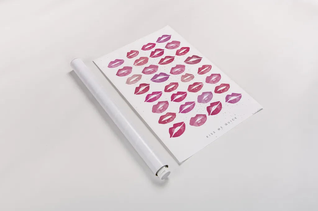 Kiss Me Quick Pink by Mercedes Lopez Charro. shown as a rolled paper print. Available as archival giclee rolled canvas, fine art paper, or poster print. SKU 82823h.