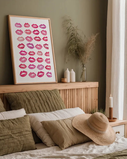 Kiss Me Quick Pink by Mercedes Lopez Charro. shown as a paper print in a natural frame. Available as a archival giclee rolled canvas, fine art paper, or poster print. SKU 82823h.