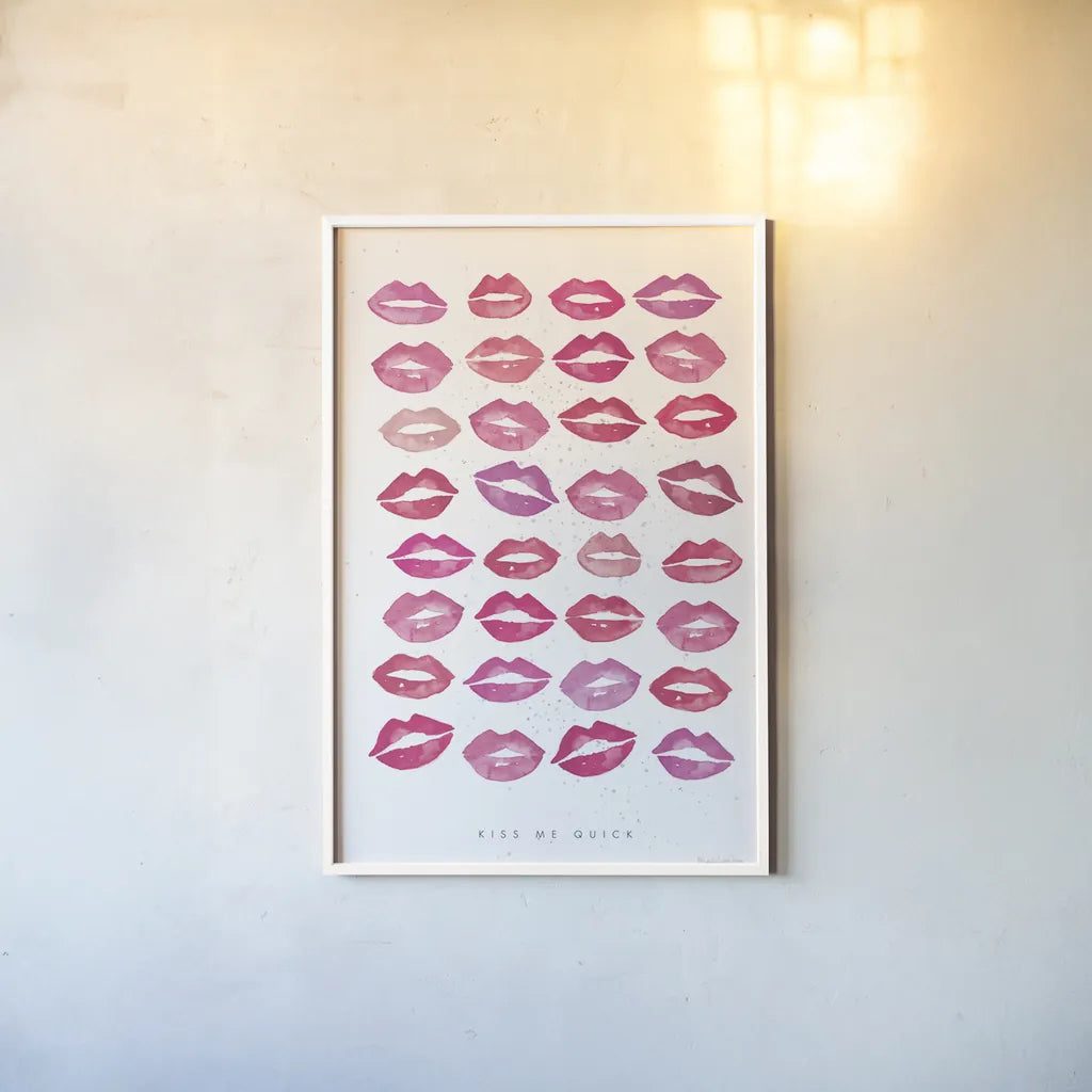 Kiss Me Quick Pink by Mercedes Lopez Charro. shown as a paper print in a white frame. Available as a archival giclee rolled canvas, fine art paper, or poster print. SKU 82823h.
