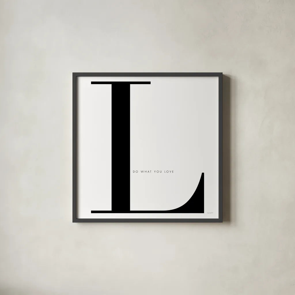 L is for Love on White by Mercedes Lopez Charro. Shown in a sleek black glass frame for a contemporary gallery look. Available as an archival giclee rolled canvas, fine art paper, or poster print. SKU 64150a.