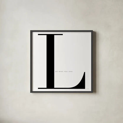 L is for Love on White by Mercedes Lopez Charro. Shown in a sleek black glass frame for a contemporary gallery look. Available as an archival giclee rolled canvas, fine art paper, or poster print. SKU 64150a.