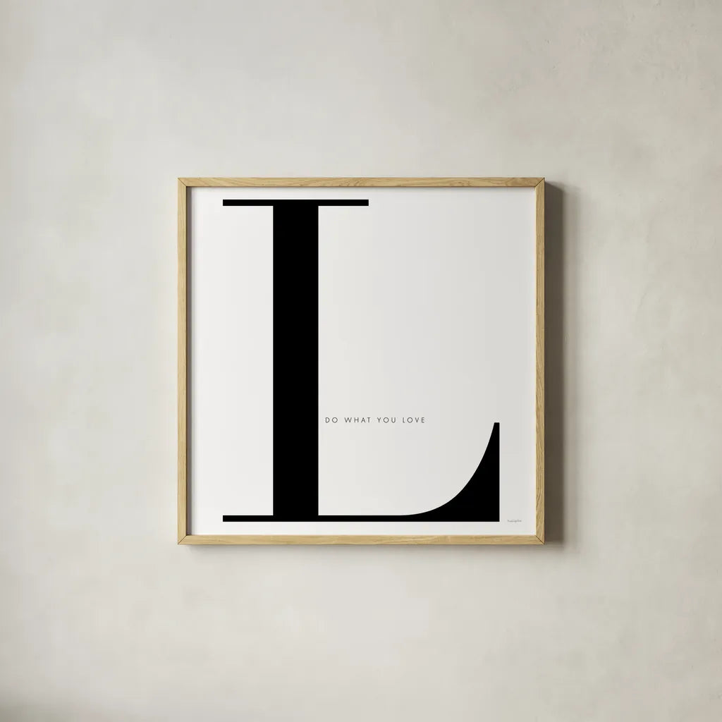 L is for Love on White by Mercedes Lopez Charro. Shown in a natural wood glass frame for a timeless modern aesthetic. Available as an archival giclee rolled canvas, fine art paper, or poster print. SKU 64150a.
