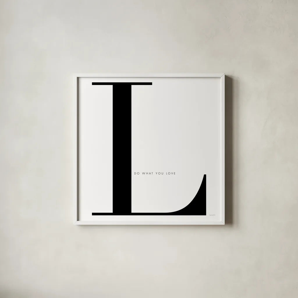 L is for Love on White by Mercedes Lopez Charro. Shown in a crisp white glass frame for a clean and minimalist style. Available as an archival giclee rolled canvas, fine art paper, or poster print. SKU 64150a.