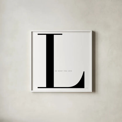 L is for Love on White by Mercedes Lopez Charro. Shown in a crisp white glass frame for a clean and minimalist style. Available as an archival giclee rolled canvas, fine art paper, or poster print. SKU 64150a.