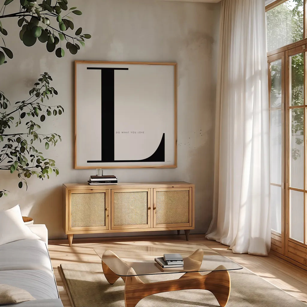 L is for Love on White by Mercedes Lopez Charro. Shown in a natural wood frame in a cozy modern living room. Available as an archival giclee rolled canvas, fine art paper, or poster print. SKU 64150a.