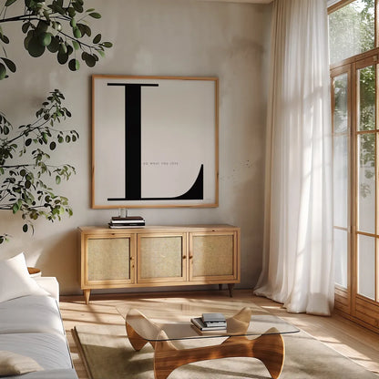 L is for Love on White by Mercedes Lopez Charro. Shown in a natural wood frame in a cozy modern living room. Available as an archival giclee rolled canvas, fine art paper, or poster print. SKU 64150a.