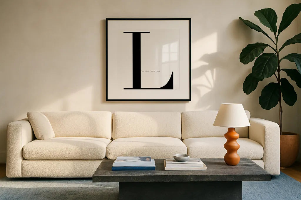 L is for Love on White by Mercedes Lopez Charro. Displayed in a glass frame with matte in a clean modern living room. Available as an archival giclee rolled canvas, fine art paper, or poster print. SKU 64150a.
