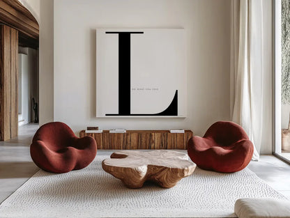 L is for Love on White by Mercedes Lopez Charro. Shown as extra-large giant wall art in a modern living room. Available as an archival giclee rolled canvas, fine art paper, or poster print. SKU 64150a.
